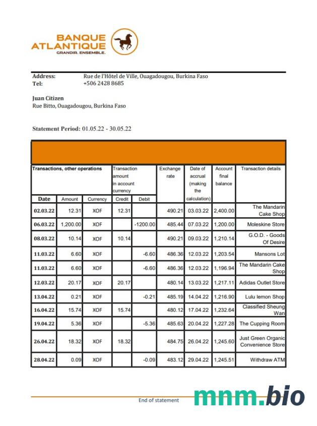 Szablon wyciągu bankowego Burkina Faso Banque Atlantique, format Word i PDF